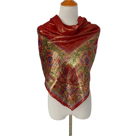 Vintage Oscar de la Renta Metallic Deep Red Gold Floral Square Scarf - Picture 3 of 15